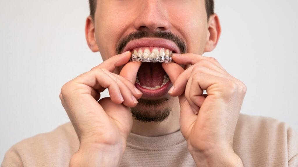 Mano maschile che applica un allineatore Invisalign per il trattamento dentale